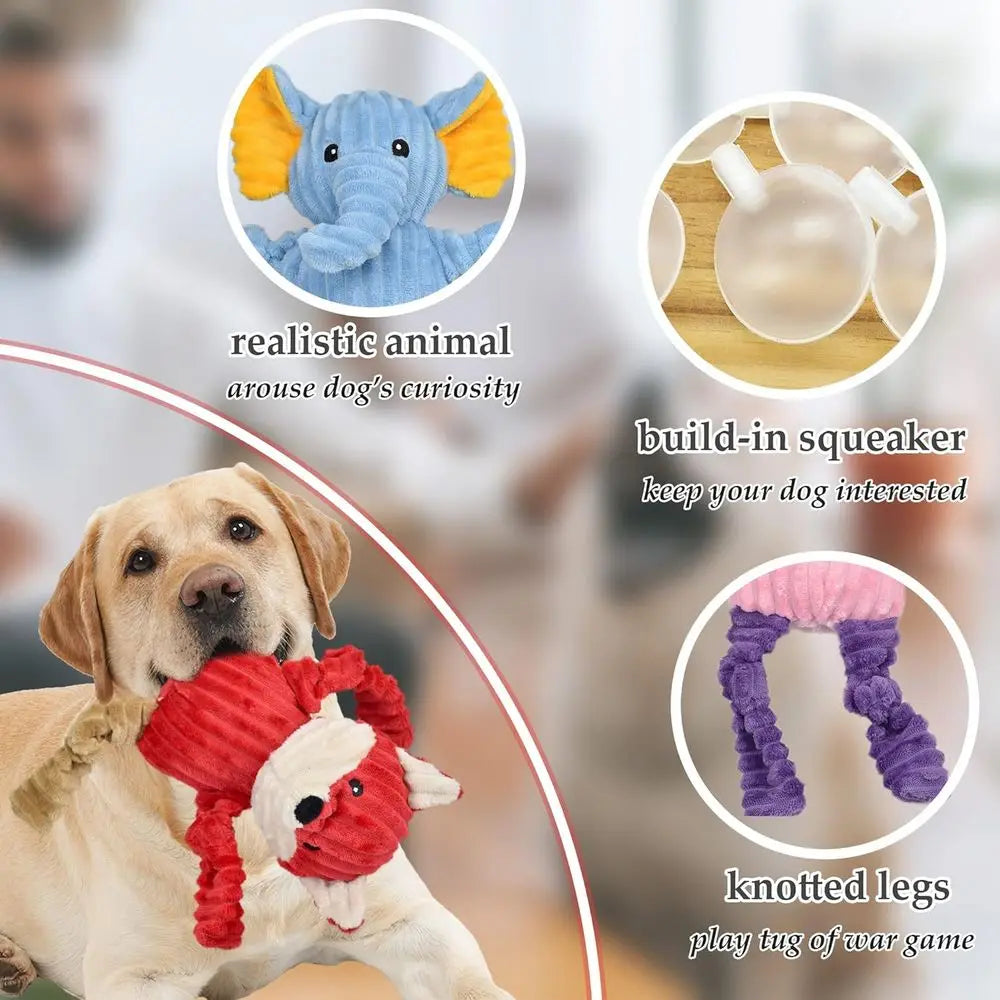 Five Pack Squeaky Plush Dog Toys Bundle Ox Duck Elephant