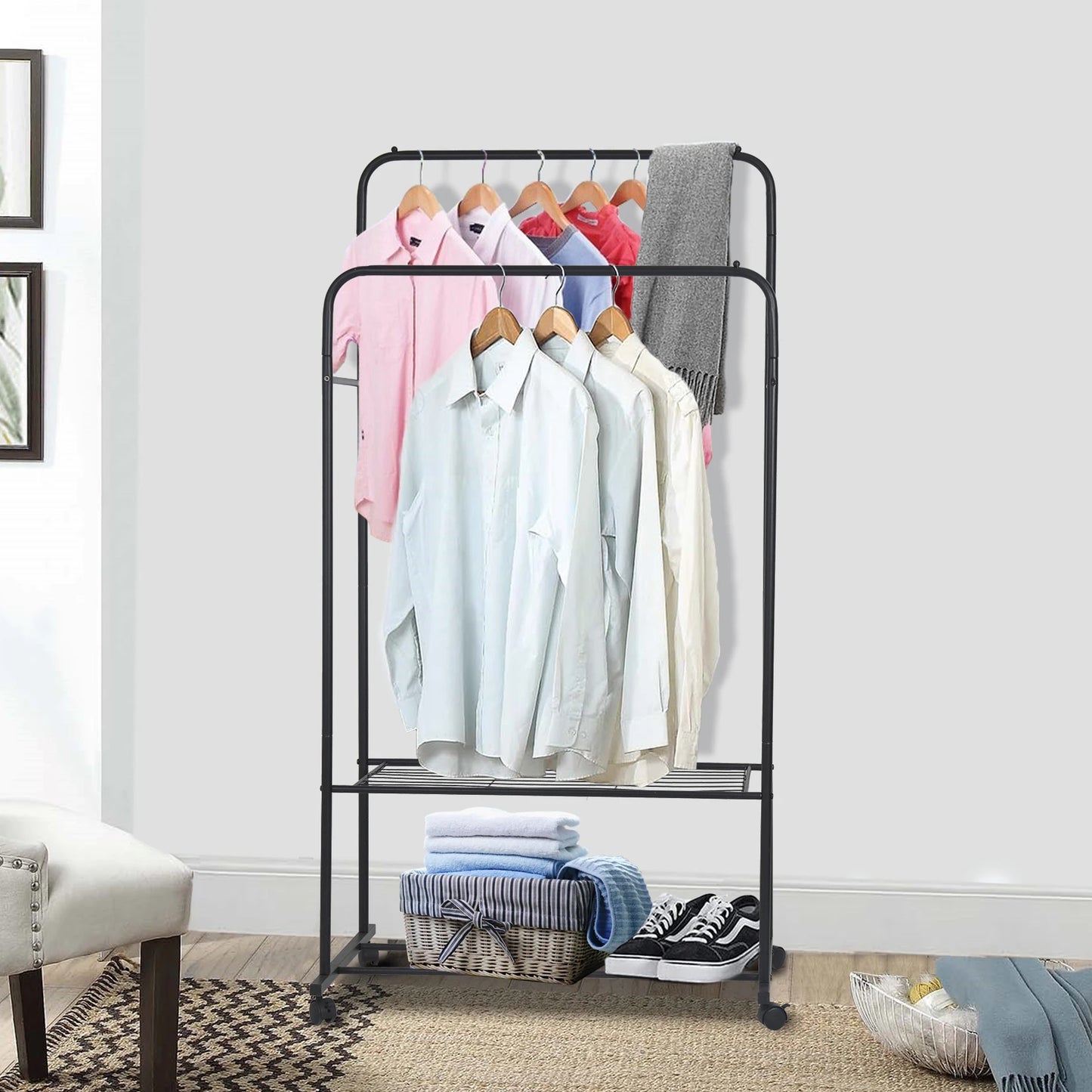 BINGOPAW Double Rail Rolling Clothes Rack and Shoes Storage Shelf