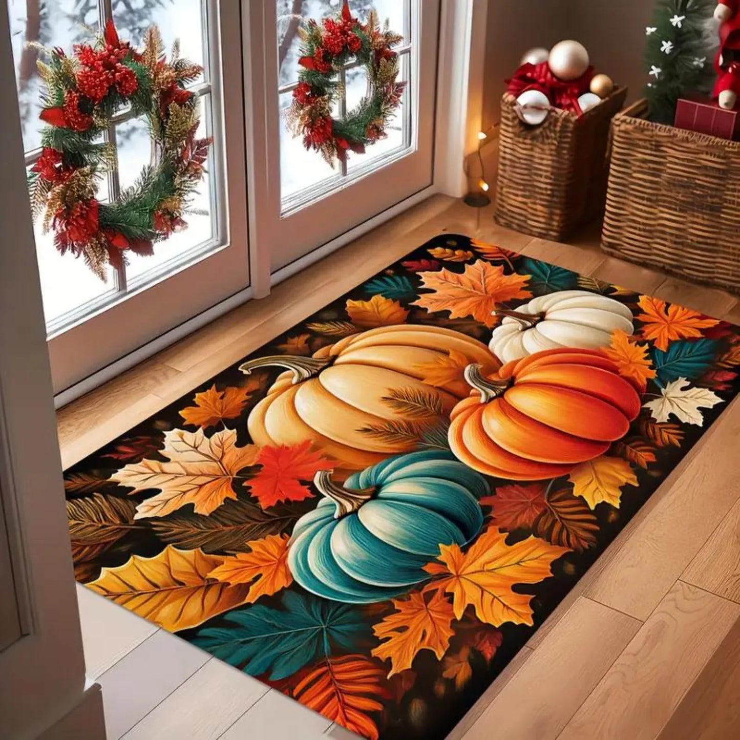 1pc Autumn Harvest Pumpkin And Leaf Pattern Doormat - a Vibrant Fall Decoration Featuring Orange, Yellow, And Pumpkins, Made of Machine-Washable Polyester Material, Perfect for Thanksgiving And Christmas Family Entryway Welco