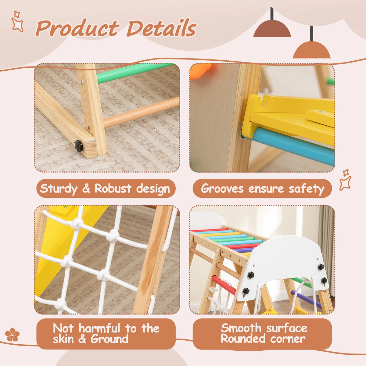 Multifunction Wooden Kids Climber Indoor Playground, Toddler Climbing Set with Slide, Swing, Climbing Ramp, Ladder and Cargo Net for Motor Skill Training
