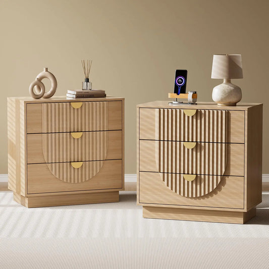 3 Drawer Nightstand With Charging Station Wood Bedside Table