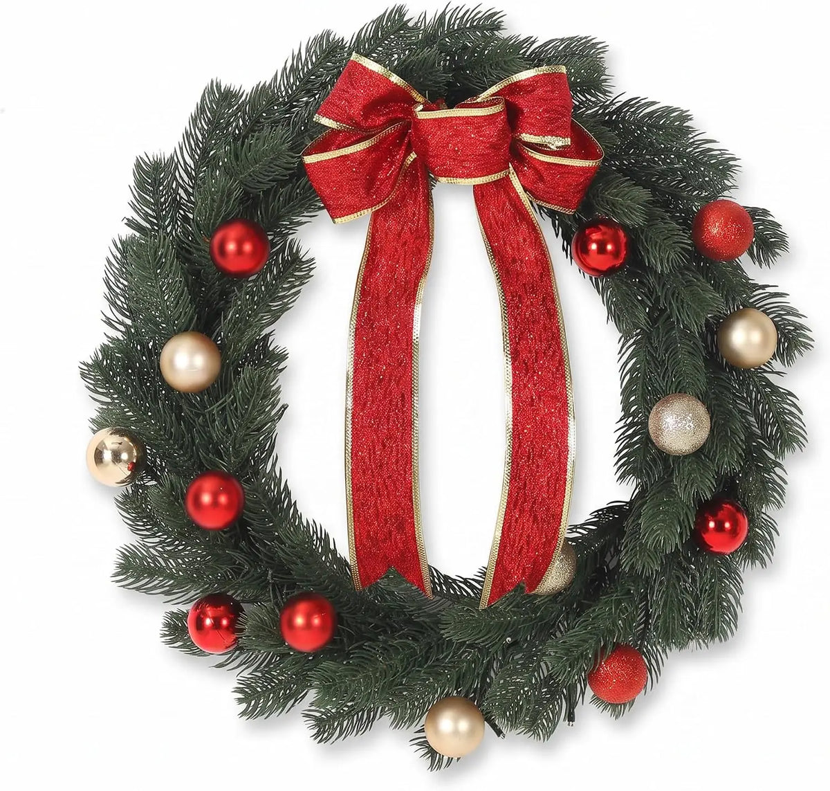 45/55/60CM Pre-Lit Christmas Wreath for Front Door Artificial Pine with LED Lights Red Bow & Red/Gold Ornaments Window Wall Hanging Decor Xmas Decorations