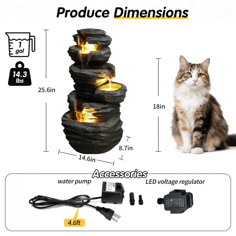 Outdoor Stacked Rock Waterfall Fountain With Integrated Garden Lighting