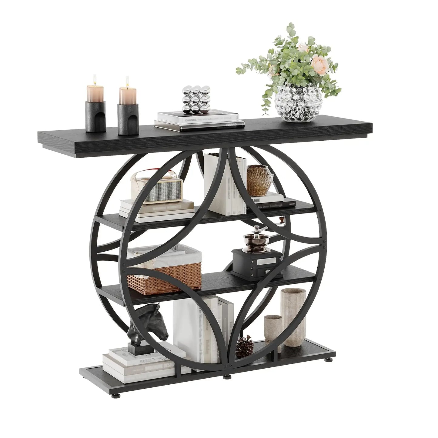 41.3 Inch Console Table With Circle Metal Base, 4 Tier Narrow Entryway Sofa Table, Industrial Hallway Accent Table