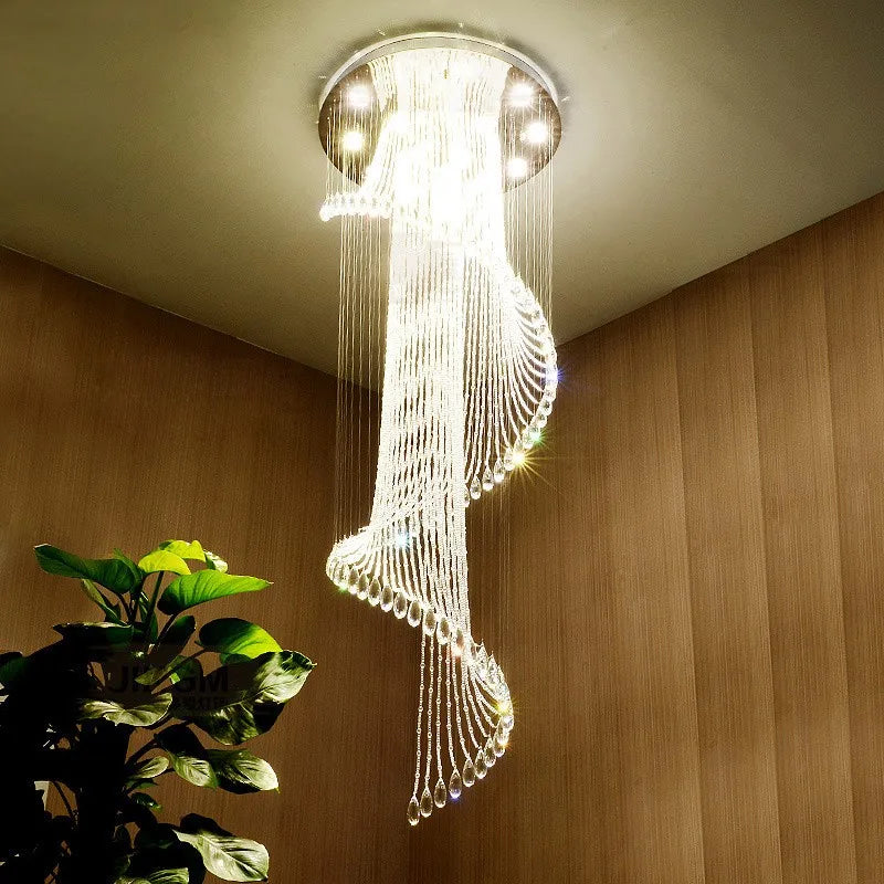 Modern Crystal Spiral Chandelier LED Hanging Lamp For Staircase Decor