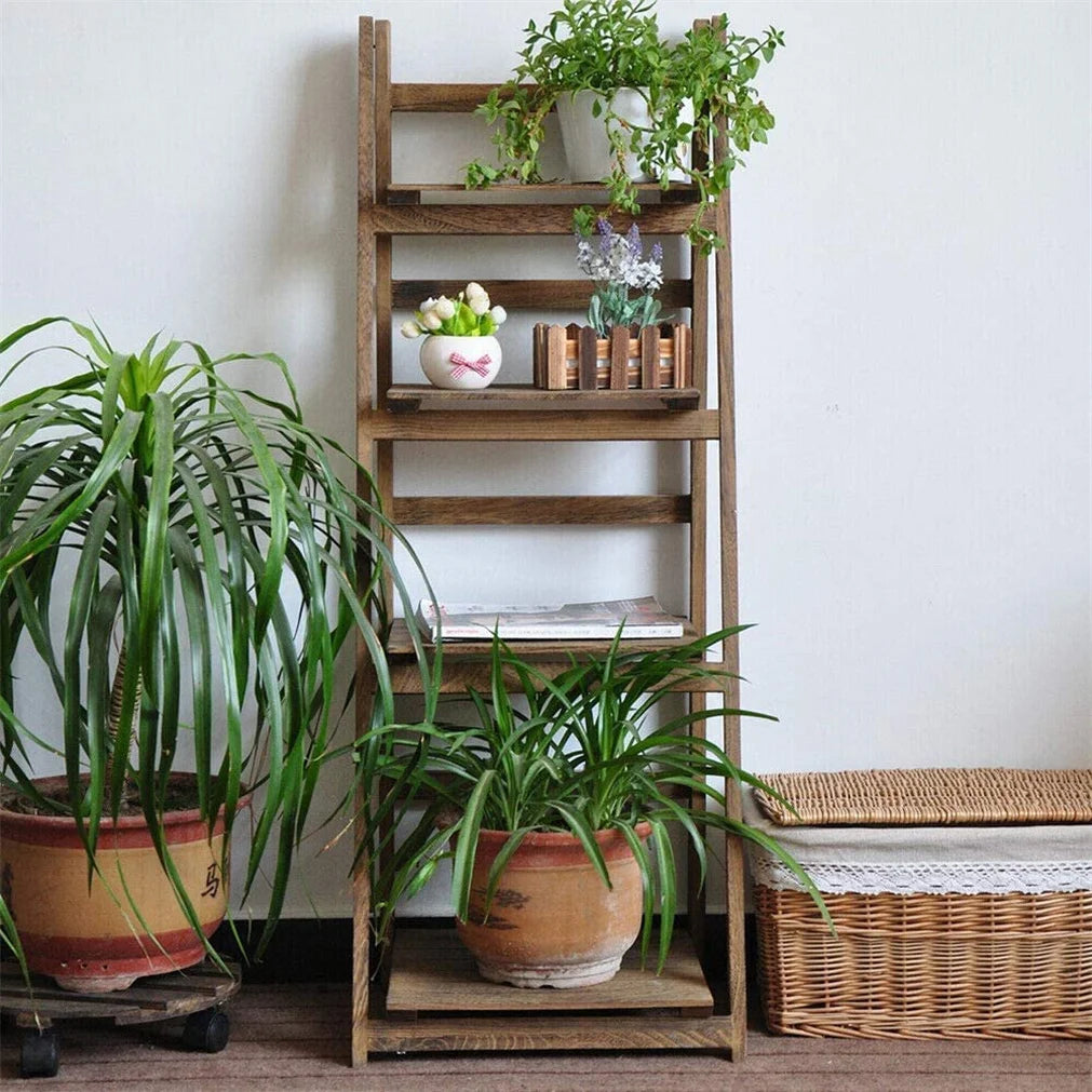 Folding Four Tier Ladder Shelf Wood Storage Rack For Plants