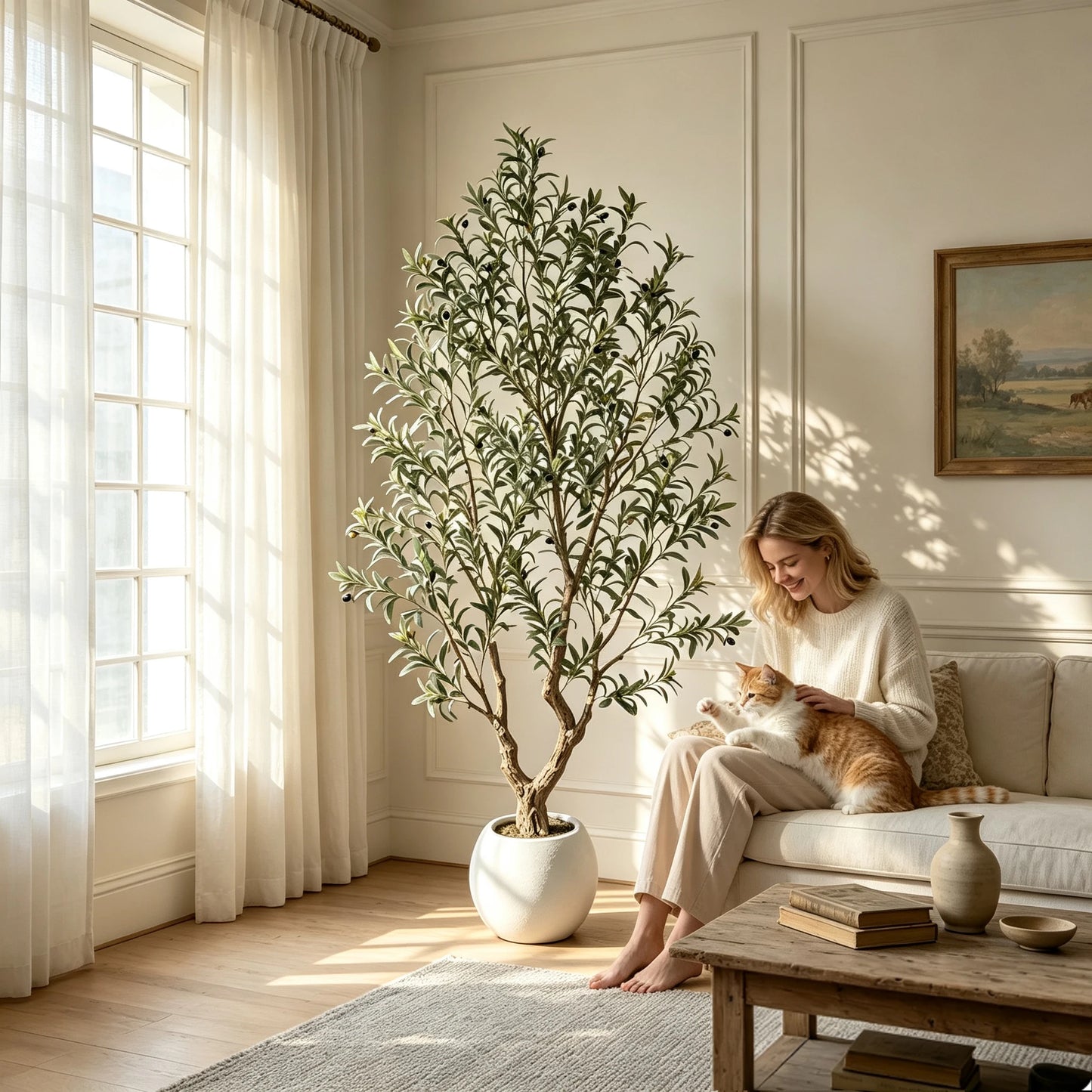 5/6/7/8FT Olive Tree Artificial Indoor Outdoor Faux Olive Tree in Decorative Planter Fluffy Artificial Plants with Natural Wood Trunk and PE Lifelike Fruits for Home Living Room Office Decor