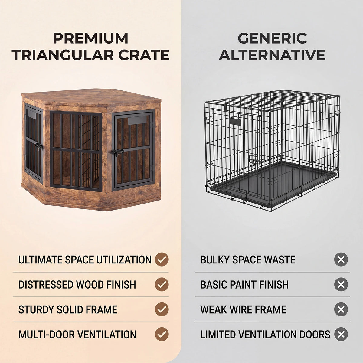 Wooden Corner Dog Crate Furniture Modern Indoor Dog Cage Decorative Pet House TV Stand for Medium and Large Sized Dogs Brown