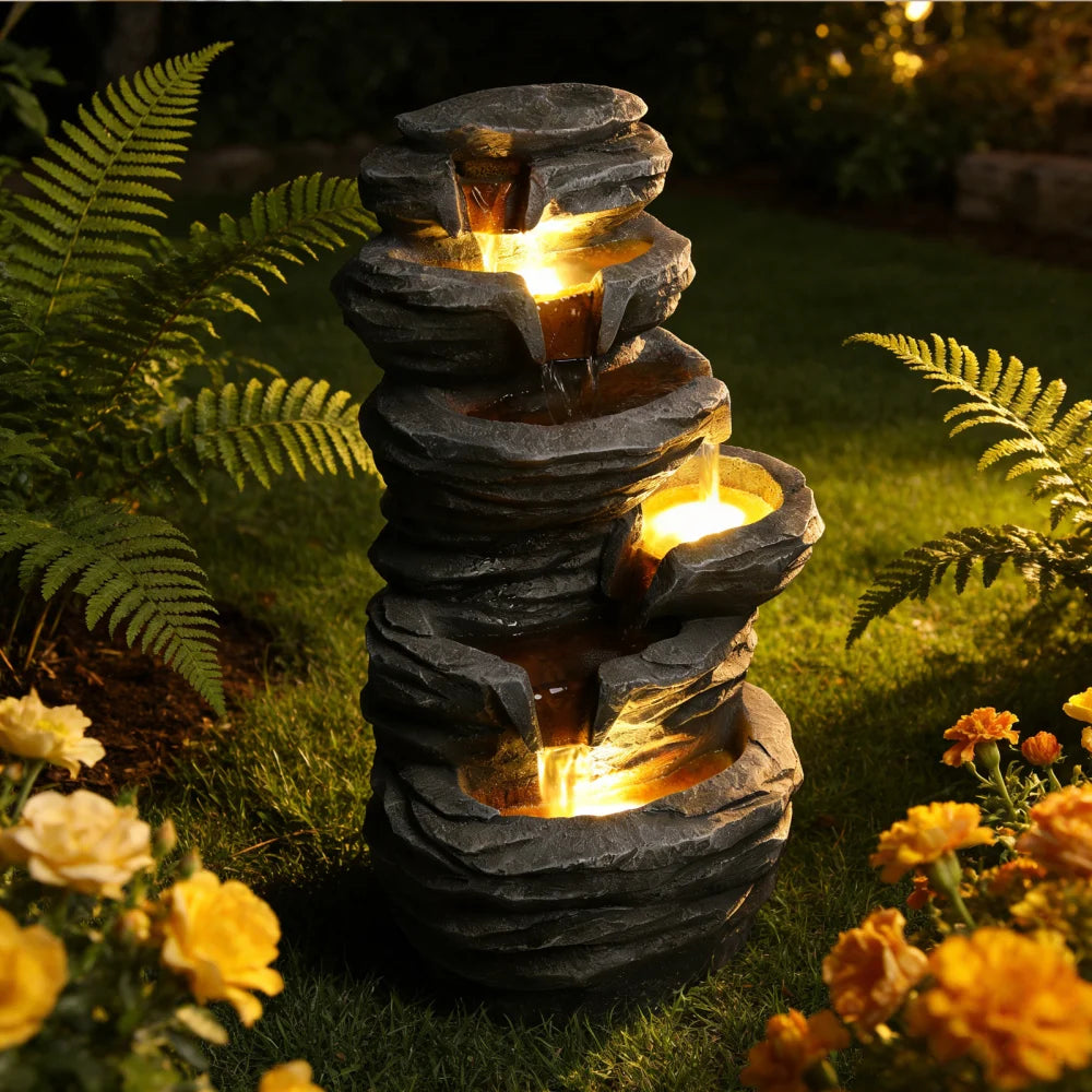 Outdoor Stacked Rock Waterfall Fountain With Integrated Garden Lighting