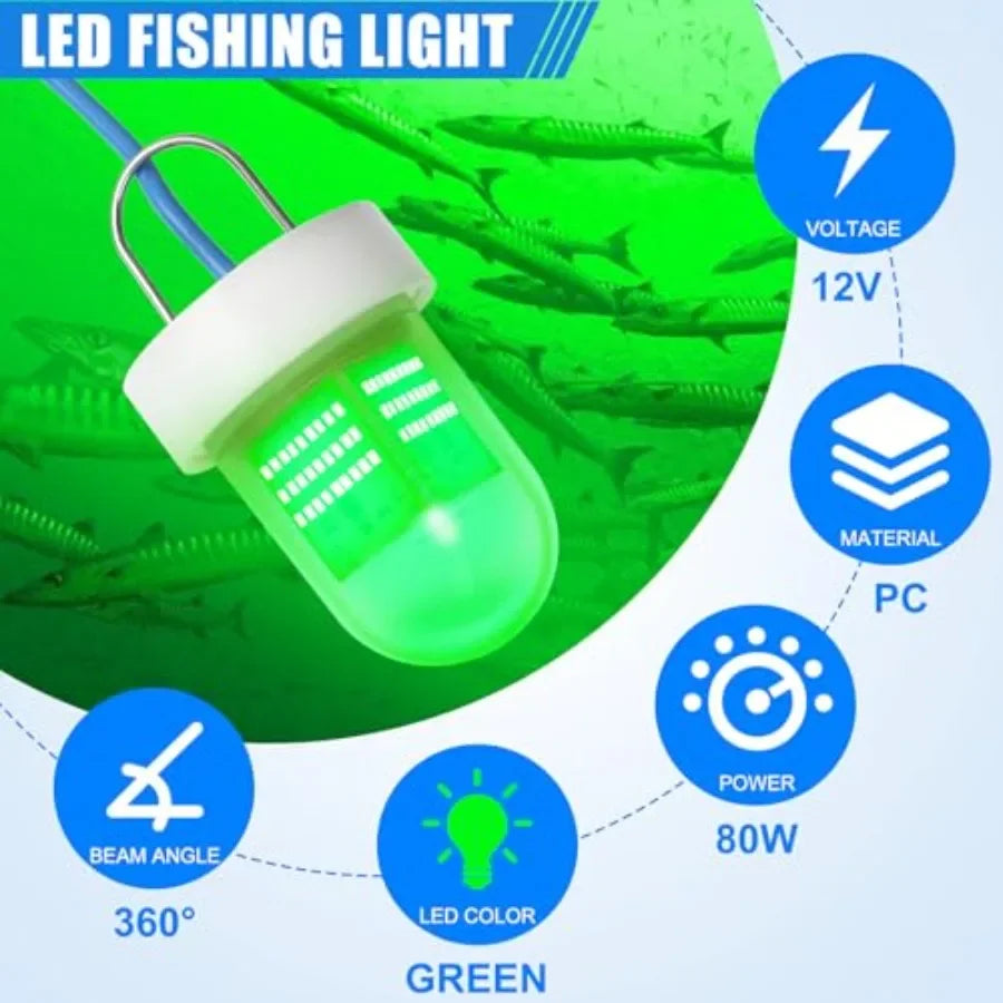 Underwater Green Fishing Light for Night Fishing on Docks and Boats, LED Submersible Lamp, 40000 Lumens, 80W, 12V, Green Color,