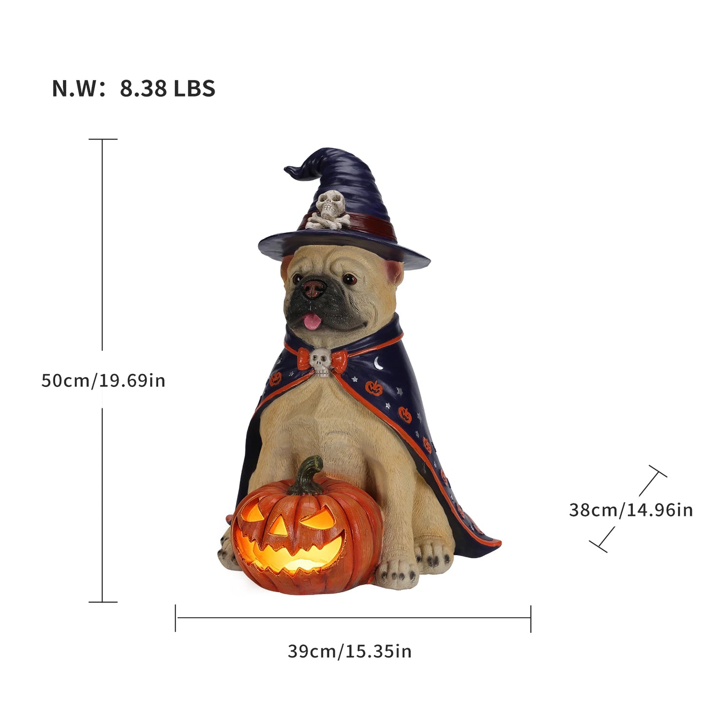 Halloween Bulldog Witch Statue, LED Light Up Jack-O-Lantern Pumpkin