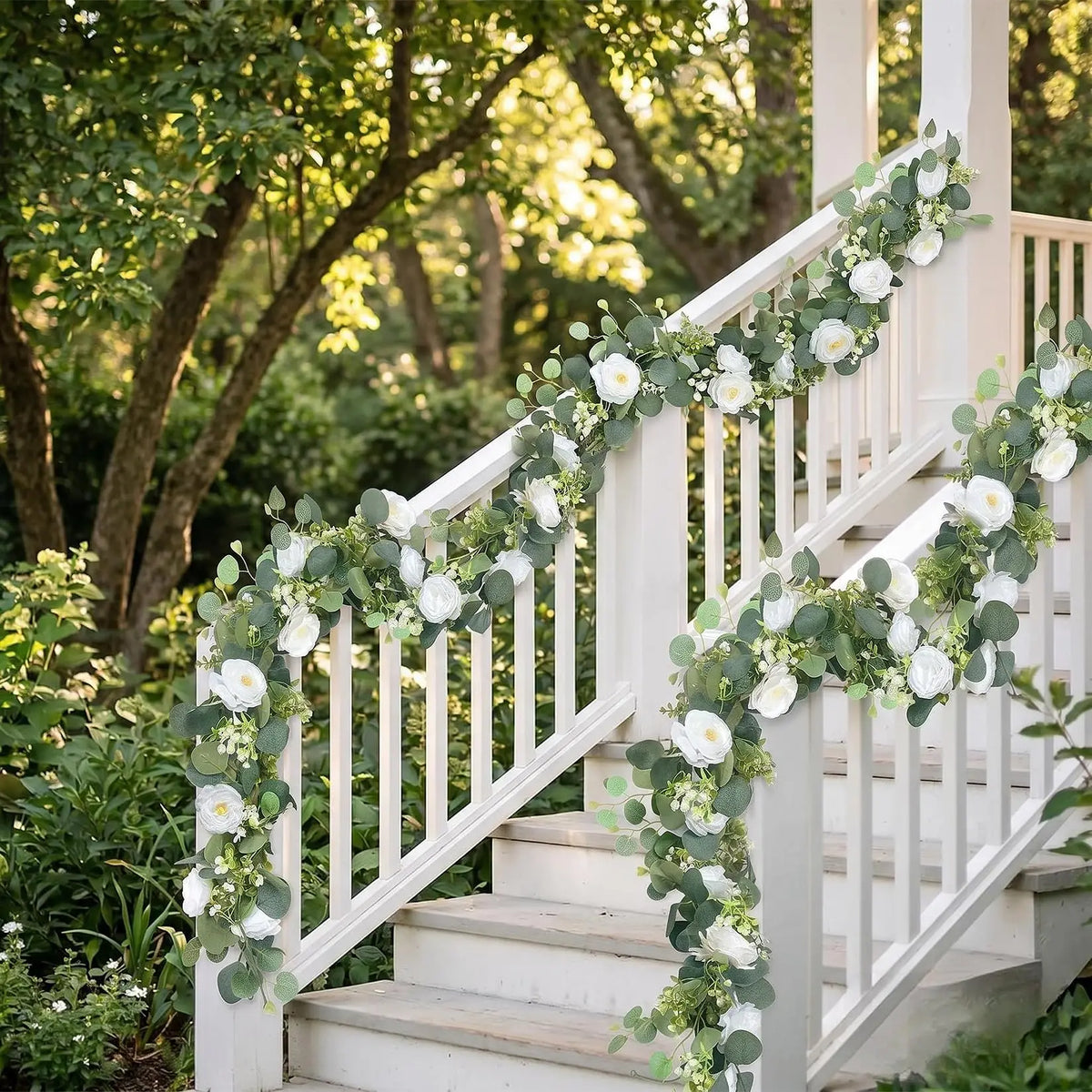 4-Pack Artificial White Austin Rose Eucalyptus Garland, 71in Silk Flower Vine Realistic Faux Greenery Swag Flexible Plastic Stems for Wedding Arch Party Table Runner Decor
