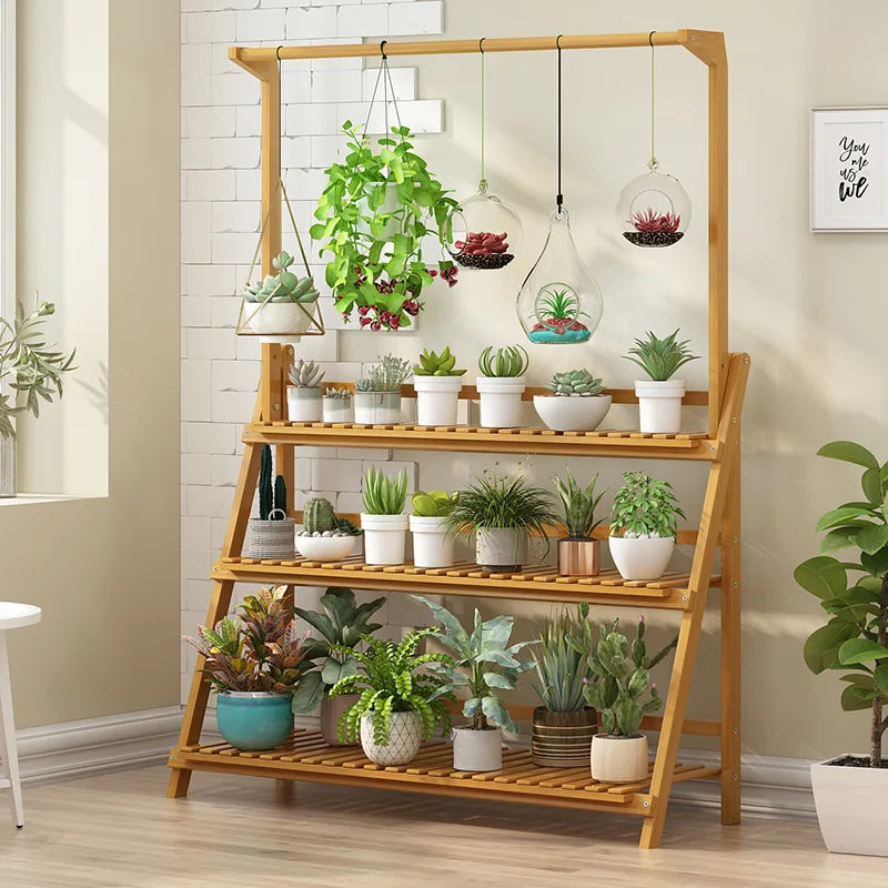 Folding Bamboo Plant Stand for Indoor and Outdoor Flower Pots