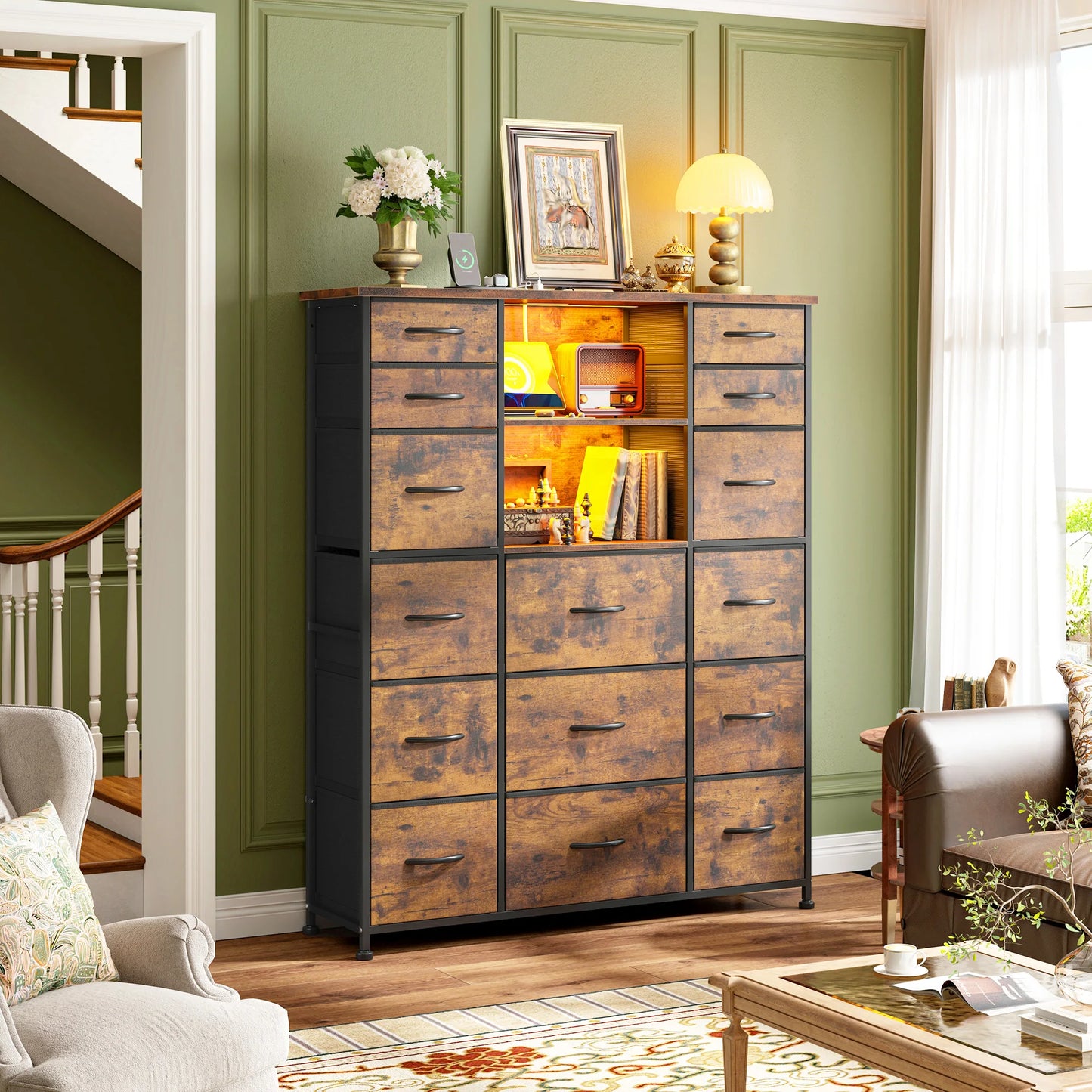 EnHomee 15 Fabric Drawers Storage Organizer With Charging Station LED Hutch