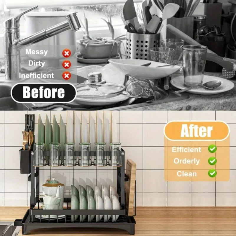 Stainless Steel Two Tier Dish Drying Rack With Auto Drainage