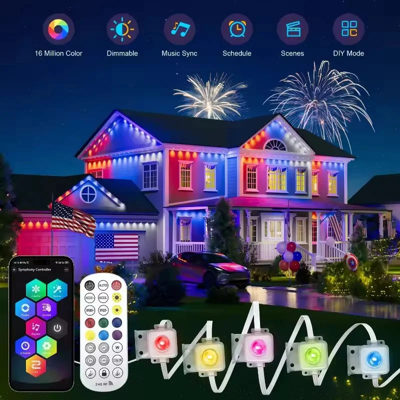 15M USB Permanent Outdoor Lights Smart RGBIC LED Eaves Lights with App/Remote Control Full House Flashing Lighting Christmas Decor