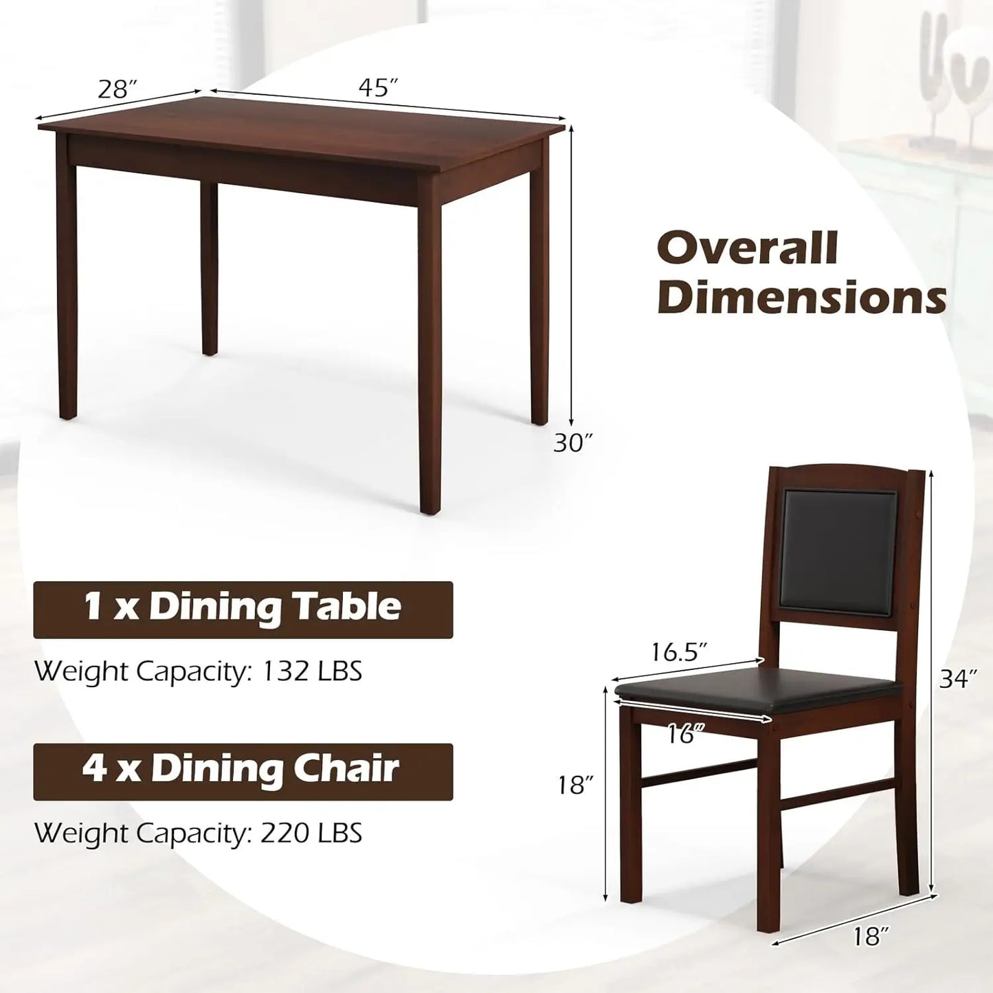 Farmhouse Solid Wood Dining Table Set 4 Upholstered Chairs